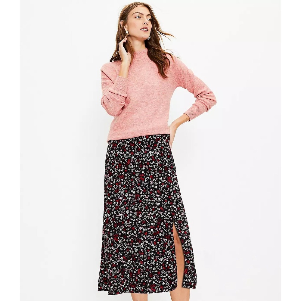 LOFT Black Heart Print Midi Skirt Size 2 Coquette Valentines Romantic Y2K Girly